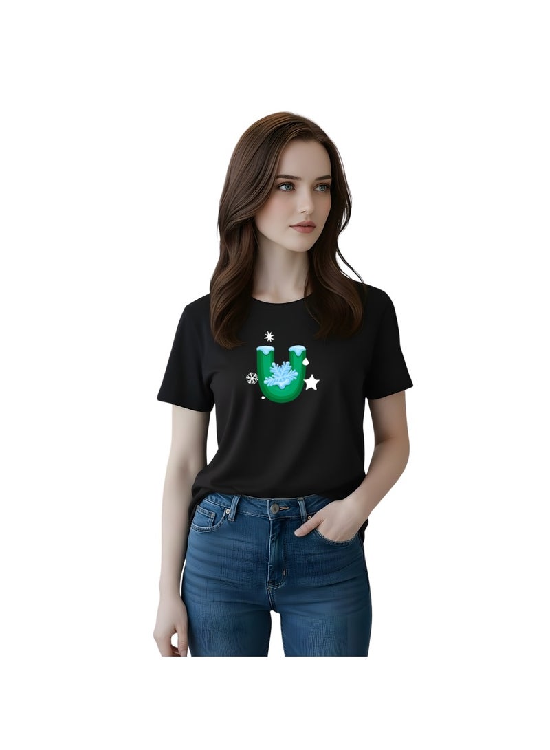 PRINTSHOP4ME Christmas Initial Letter Printed Adult T-Shirts For Womens–Soft Round Neck Cotton Short Sleeve Tshirt - Image 3