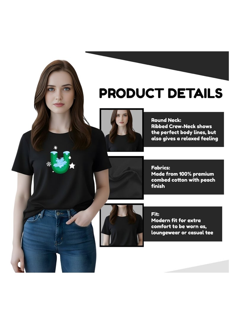 PRINTSHOP4ME Christmas Initial Letter Printed Adult T-Shirts For Womens–Soft Round Neck Cotton Short Sleeve Tshirt - Image 4