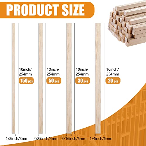 ZAUGONTW 250Pcs Balsa Wood Sticks, Square Wooden Dowels 1/8, 4/25, 3/16, 1/4 x 10 Inch, Hardwood Square Dowels Unfinished Wooden Strips for DIY Molding Crafts Projects Making - Image 2