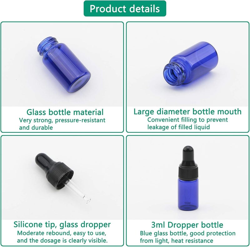 Rowiz 30 PCS 3ml Blue Glass Dropper Bottles with Pipettes Dropper&Black Screw Cap，Glass Essential Oil Bottles Eye Dropper Vials Perfume Cosmetic Liquid Aromatherapy Lotion Sample Bottles - Image 4
