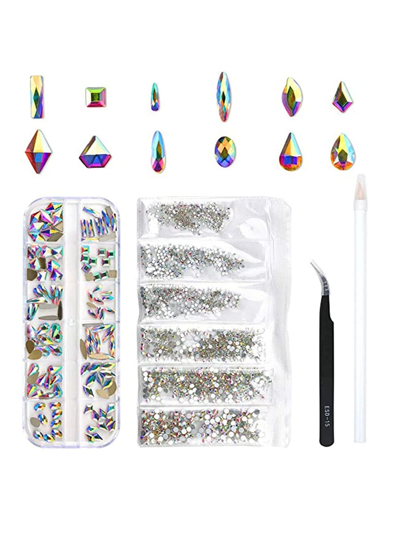 SOLARAE Nail Rhinestones Set, 1728 Pieces Flatback Crystal AB Nail Gems + 120 Pieces Multi Shape Glass 3D Nail Jewels, Bling Nail Diamonds Stone with Art Accessories Rhinestone Picker and Tweezers - Image 1
