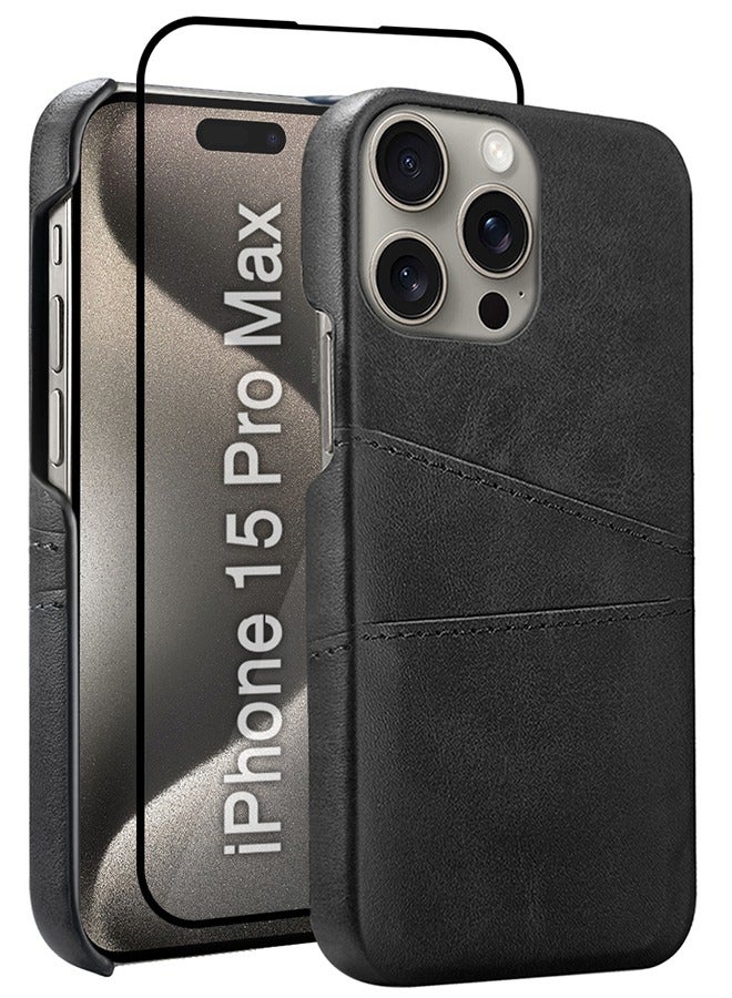 CATANES iPhone 15 Pro Max 2Packs Case Cover Leather with Card Holder for Men Women Phone Case with 3D Screen Protector  - Black  - Image 1