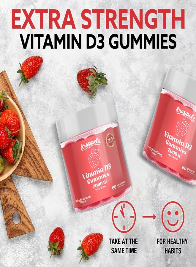 Droppels Vitamin D3 Gummies 2000 IU – Extra Strength, Vegetarian, Pectin Plant-Based Vitamin D Gummies for Bone Health Support – Juicy Strawberry Flavor, 60 Count (1-Month Supply) - Image 2