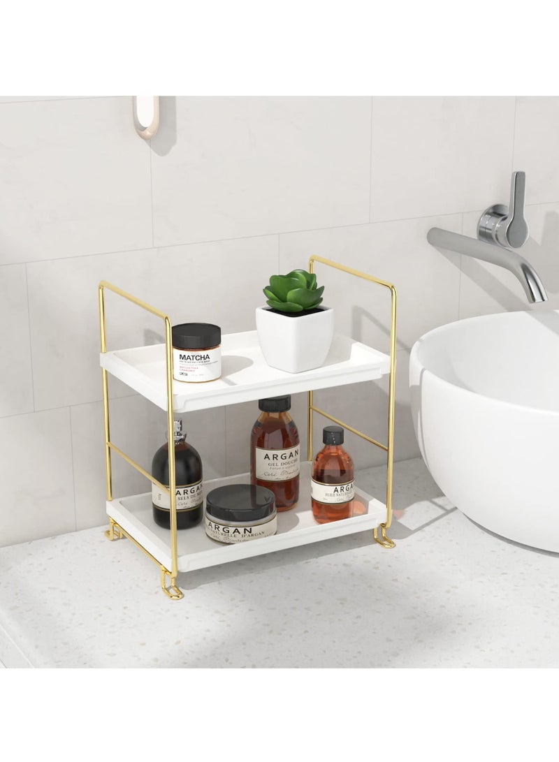 Y&D Bathroom Countertop Organizer, 2-tier Organizer Counter and Storage Shelf Vanity Tray Skincare (Gold, White) - Image 2