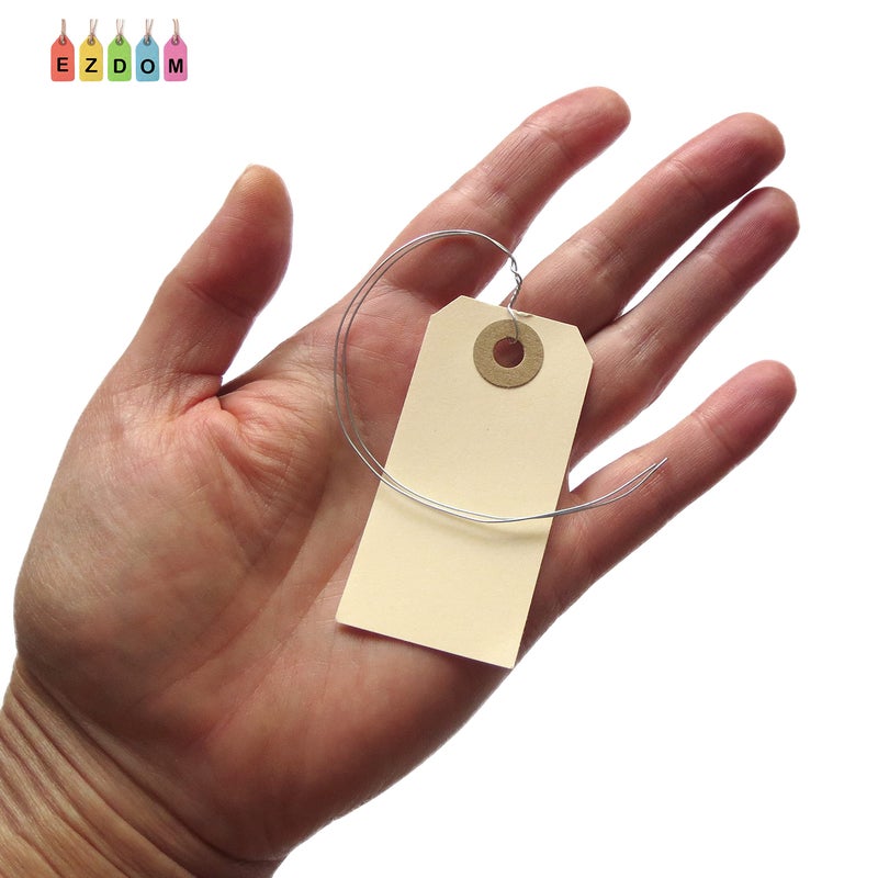 EZDOM 100 Manila Shipping Tags with Wire Attached #1-2 3/4â€ x 1 3/8â€ - Small Paper Hang Labels with Metal Ties and Reinforced Hole, Pre-Wired Tags to Tie On - Image 3