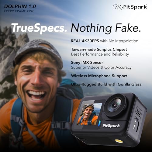 FitSpark MyFitSpark DOLPHIN 1.0 Big 2.20" Full Frame Borderless Display | Real 4K30FPS 20MP Dual Touchscreen WiFi Action Camera | Wireless MIC Support | EIS 3.0 Sony Sensor No.1 Chipset Smart Remote + Full Kit - Image 2
