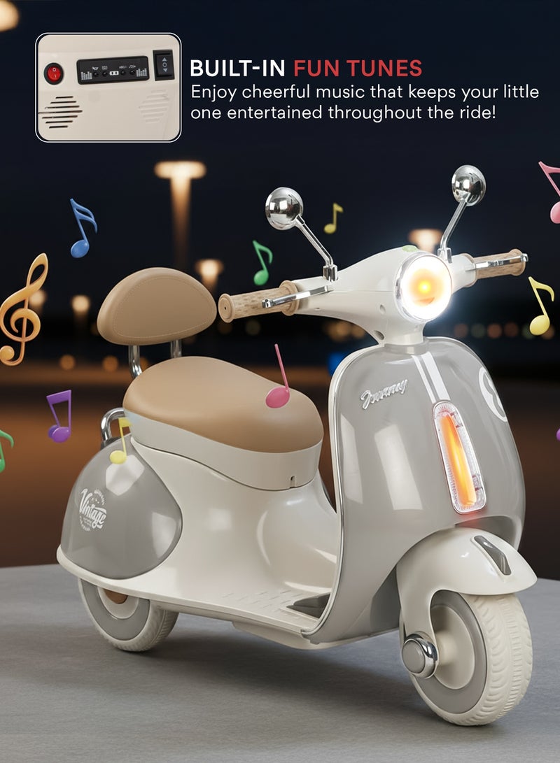 بيبي دراجة فيسبا تعمل بالبطارية للأطفال، لعبة ركوب على شكل دراجة وسكوتر للأطفال مزودة بالأضواء والموسيقى، دراجة أطفال ببطارية قابلة لإعادة الشحن، دراجة كهربائية للأطفال للقيادة من عمر 1 إلى 3 سنوات للأولاد والبنات – اللون الرمادي. - Image 5