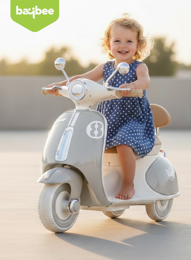 بيبي دراجة فيسبا تعمل بالبطارية للأطفال، لعبة ركوب على شكل دراجة وسكوتر للأطفال مزودة بالأضواء والموسيقى، دراجة أطفال ببطارية قابلة لإعادة الشحن، دراجة كهربائية للأطفال للقيادة من عمر 1 إلى 3 سنوات للأولاد والبنات – اللون الرمادي. - Image 2