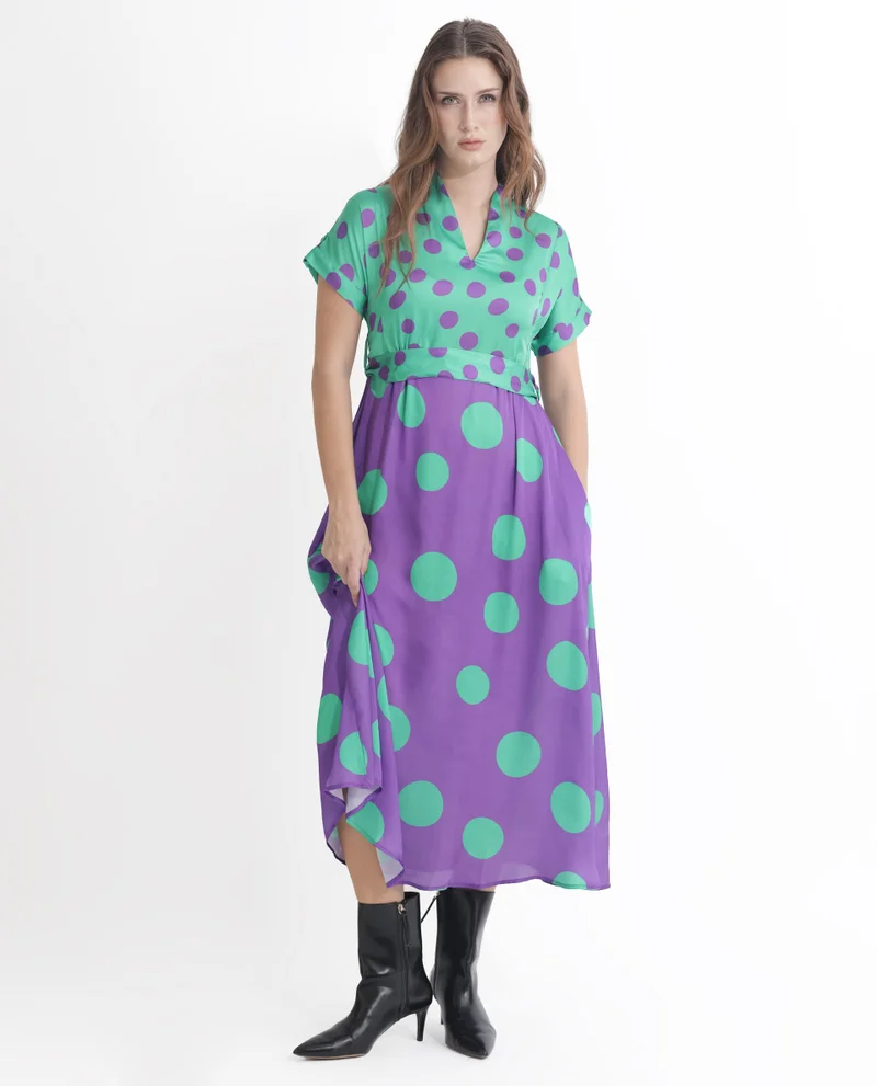 Rareism Women's Polka Print A-Line Dress With Self-Tie Detail