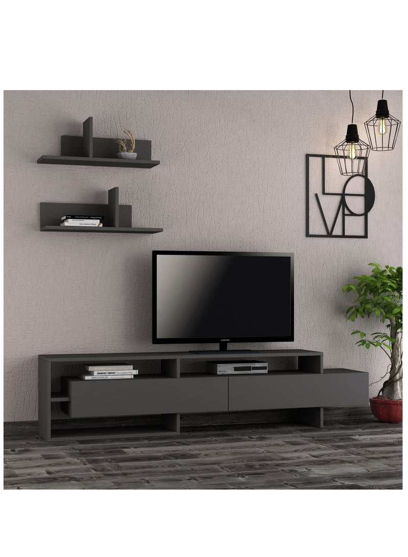 موراه وحدة تلفزيون موراه هوم غارا، مناسبة لأجهزة التلفزيون حتى ٦٠ بوصة مع رفين | بابان وخزانة من طبقتين | خزانة تلفزيون | ١٨٠×٢٩٫٨×٤٢ سم | رمادي غامق - Image 1