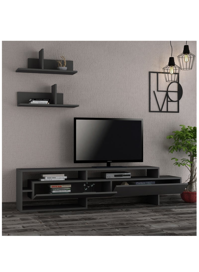 موراه وحدة تلفزيون موراه هوم غارا، مناسبة لأجهزة التلفزيون حتى ٦٠ بوصة مع رفين | بابان وخزانة من طبقتين | خزانة تلفزيون | ١٨٠×٢٩٫٨×٤٢ سم | رمادي غامق - Image 3