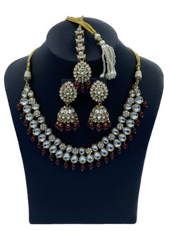GOHONA GOHONA Royal Bling Bollywood Traditional Indian Kundan Jewellery Necklace With Earrings Set and 1 Tikka in MAROON colour  - Image 2