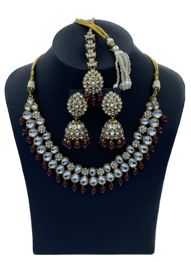 GOHONA GOHONA Royal Bling Bollywood Traditional Indian Kundan Jewellery Necklace With Earrings Set and 1 Tikka in MAROON colour  - Image 2