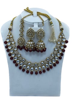 GOHONA GOHONA Royal Bling Bollywood Traditional Indian Kundan Jewellery Necklace With Earrings Set and 1 Tikka in MAROON colour  - Image 1