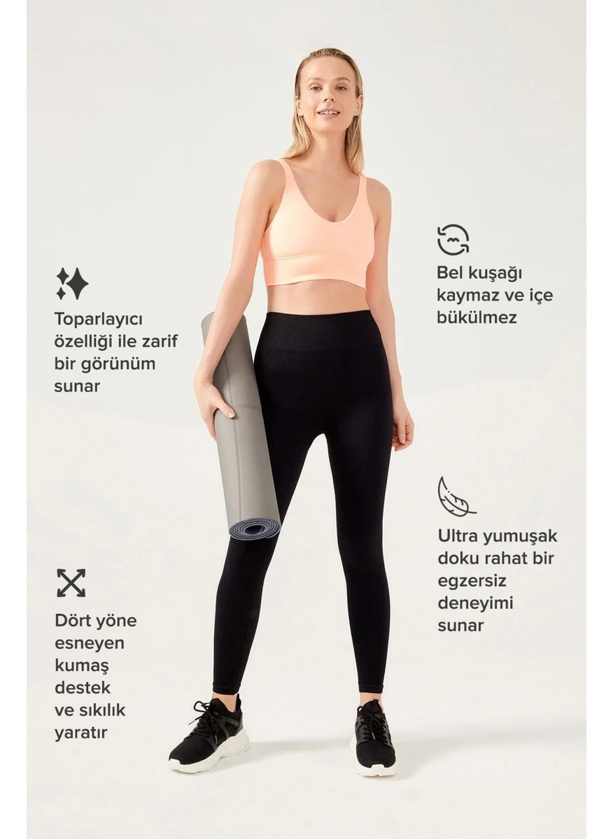 لوس اوهوس Women's Black High Waist Seamless Ribbed Gatherer Sport Leggings