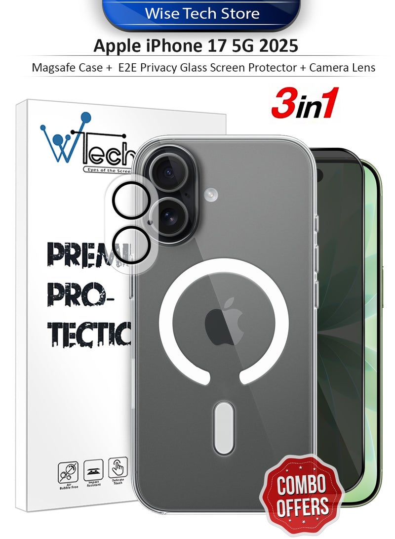 Wtech Apple iPhone 17 5G 2025 3 in 1 Protection Pack Ultra Clear Shockproof Magsafe Case, E2E Privacy Glass Screen Protector and Camera Lens Protector 360 Protection, Easy Installation - Clear/Black - Image 1