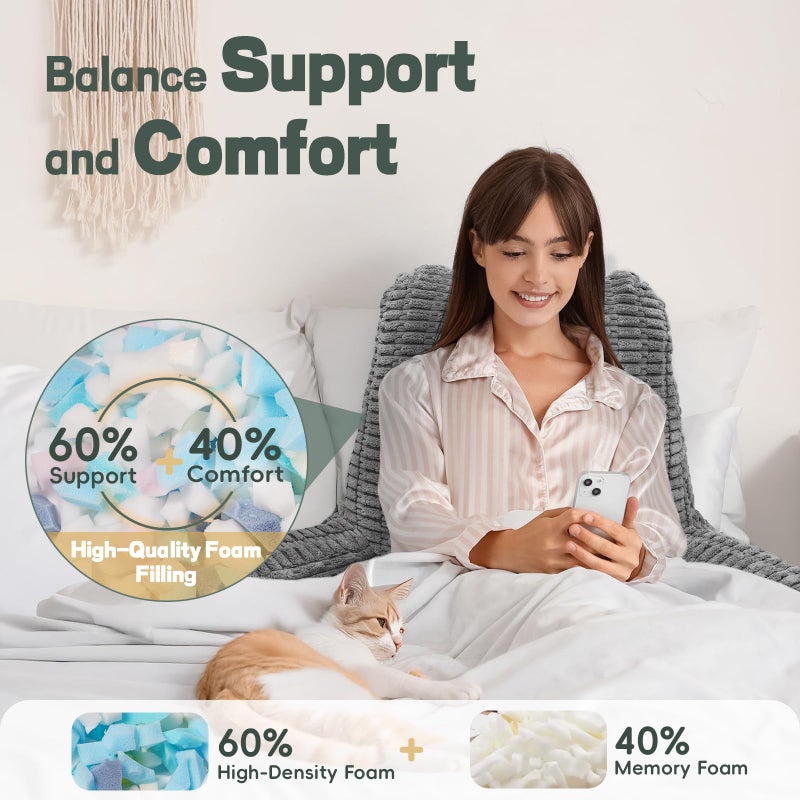 LUISOF 21" Higher Large Reading Pillow for Bed Adult, Back Pillow for Bed Sitting Up with Memory Foam Back Support with Arms Rest for Couch Chair Gray - Image 2