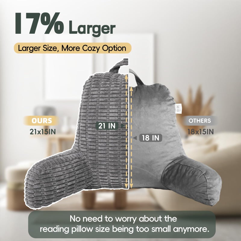 LUISOF 21" Higher Large Reading Pillow for Bed Adult, Back Pillow for Bed Sitting Up with Memory Foam Back Support with Arms Rest for Couch Chair Gray - Image 3