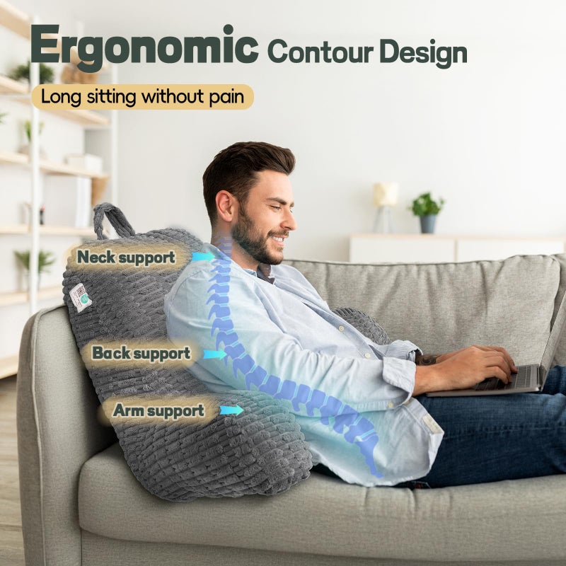 LUISOF 21" Higher Large Reading Pillow for Bed Adult, Back Pillow for Bed Sitting Up with Memory Foam Back Support with Arms Rest for Couch Chair Gray - Image 4