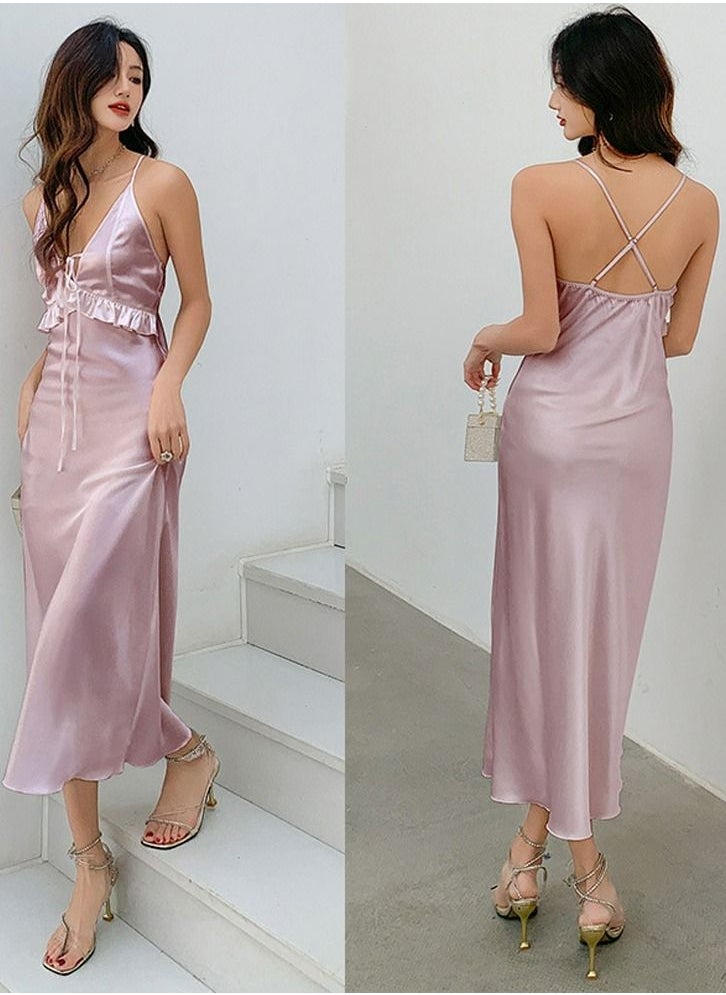 Loquat - Women's Elegant Solid Color Nightgown V-Neck Midi Slip Dress Soft Loungewear Sleepwear Dress With Adjustable Strap Pinkish Purple - Image 1