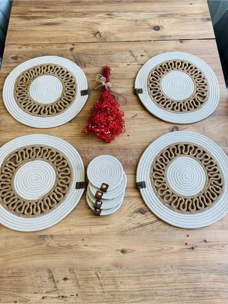 بدز ديري BDZ Leather Wicker Jute Presentation Plate Mat American Service and Coasters 8 Pieces