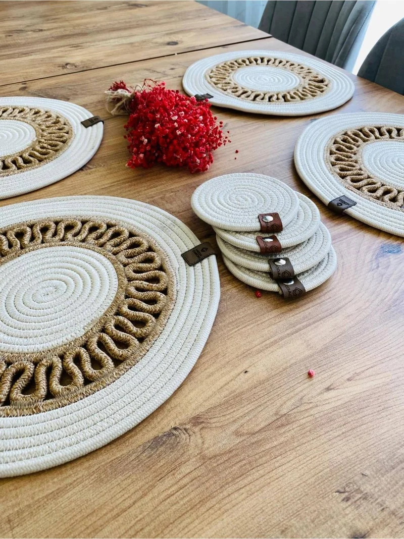 بدز ديري BDZ Leather Wicker Jute Presentation Plate Mat American Service and Coasters 8 Pieces