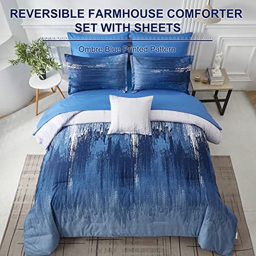 Dinjoy Ombre Blue Comforter Set Queen Size Reversible Gradient Blue Grey Boho Bedding Set for Men Women 8 Pieces Bed in A Bag Bohemian Bed Set With Comforter, Sheets, Pillowcases & Shams, Cushion Cover - Image 3