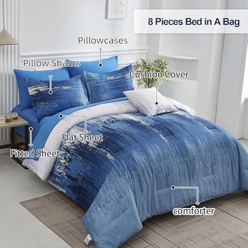 Dinjoy Ombre Blue Comforter Set Queen Size Reversible Gradient Blue Grey Boho Bedding Set for Men Women 8 Pieces Bed in A Bag Bohemian Bed Set With Comforter, Sheets, Pillowcases & Shams, Cushion Cover - Image 2