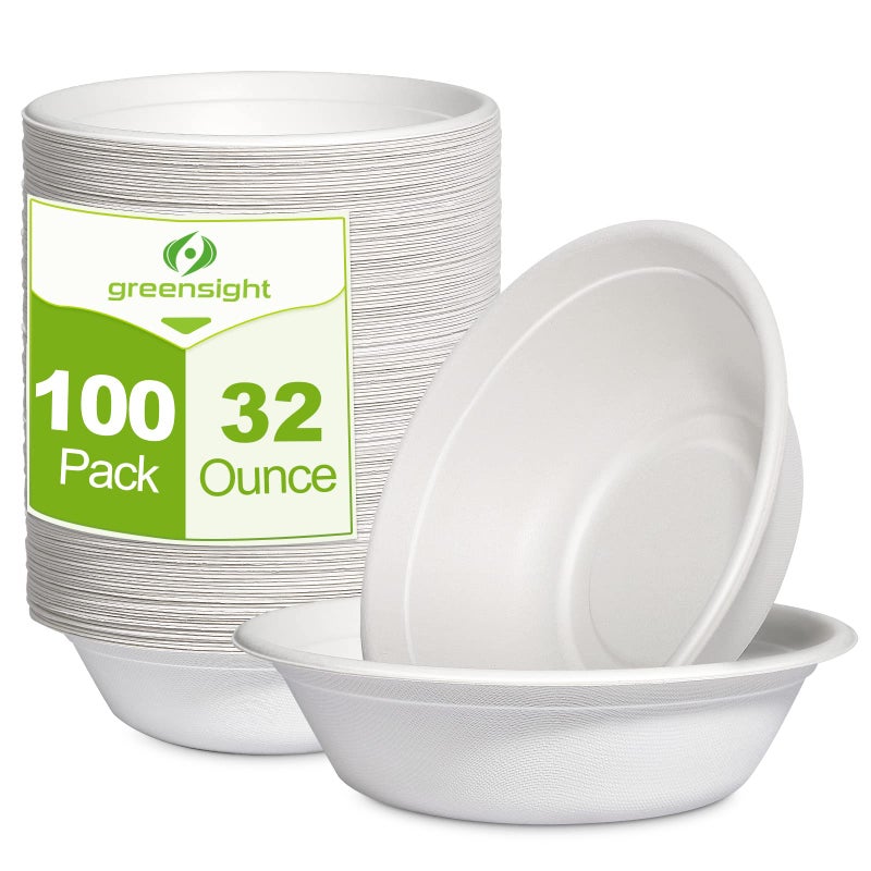 Greensight Large Compostable Bowls  32 oz 100 Pack Heavy Duty Microwavable Safe White Bagasse Bowls for Hot Soup Salads Cereals