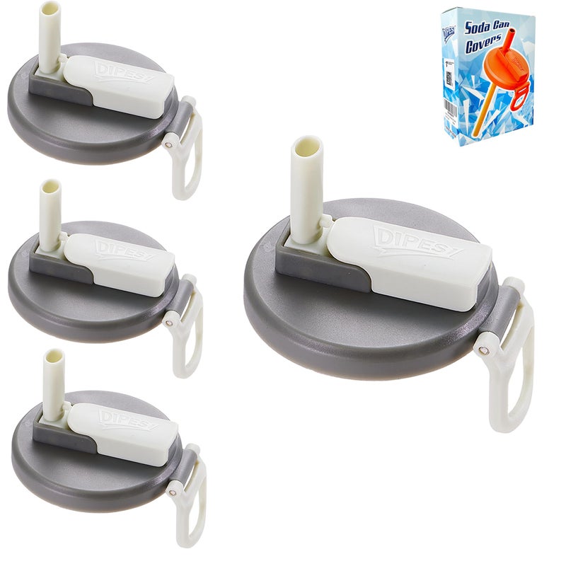 DIPESI 4 Pack Reusable Soda Can Lids with Silicone Straws  BPAFree Airtight Seal SpillProof Easy to Use Fits Standard 12oz  16oz CansGray_white