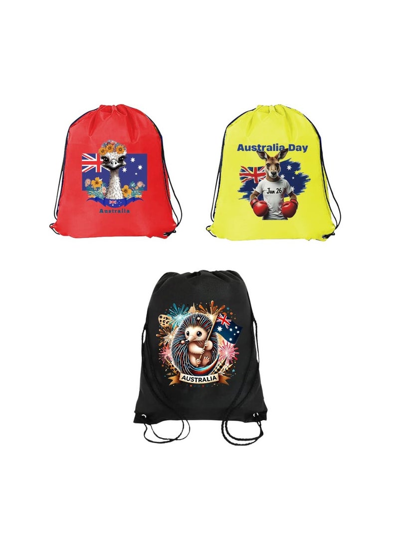 مجموعة من 3 حقائب برباط بتصميم أسترالي للأطفال والكبار - حقيبة ظهر رياضية متينة، رائعة للمدرسة والاستخدام اليومي، خفيفة الوزن بتصميم أسترالي للاستخدام في الهواء الطلق - Image 1