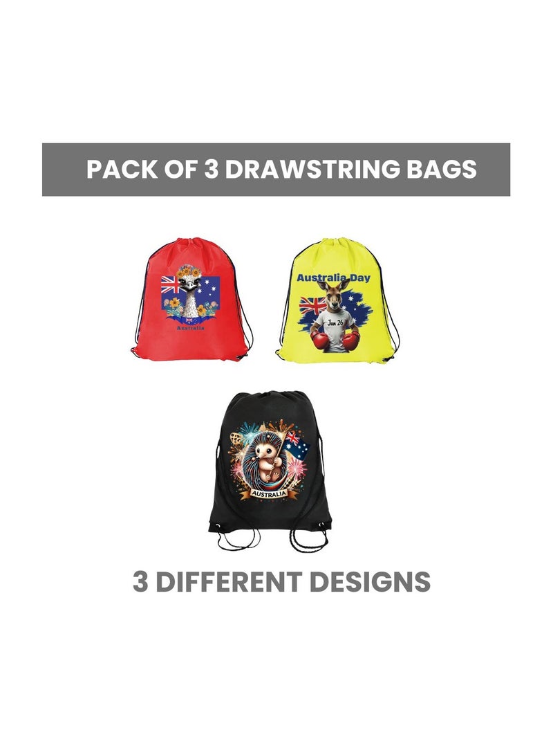 مجموعة من 3 حقائب برباط بتصميم أسترالي للأطفال والكبار - حقيبة ظهر رياضية متينة، رائعة للمدرسة والاستخدام اليومي، خفيفة الوزن بتصميم أسترالي للاستخدام في الهواء الطلق - Image 2