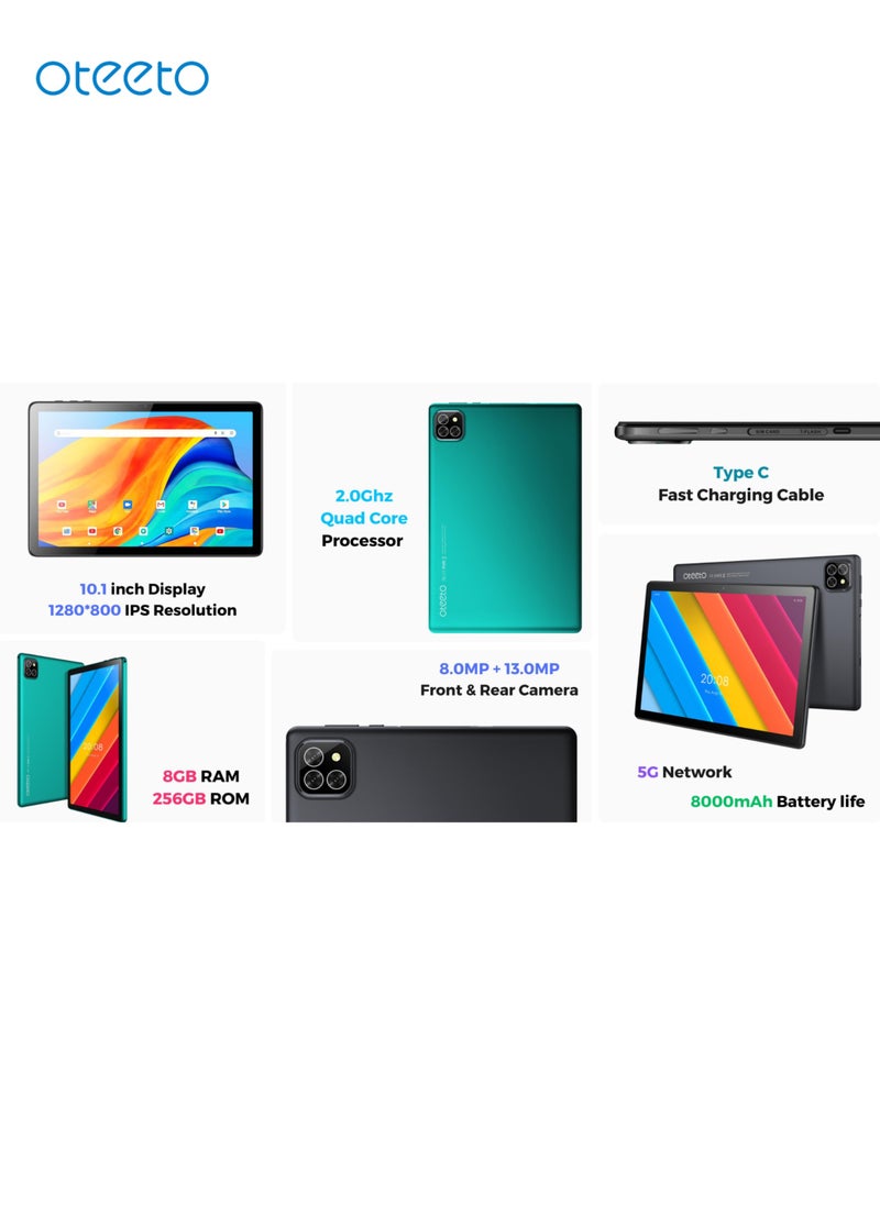 Oteeto TAB 10 Tablet/8GB RAM + 256 GB ROM/Quad Core 2.0 GHz/5G Network/8000 mAh/8MP Front + 13 MP Rear Camera/Android 13/10.1 Inches IPS LCD/Includes Flip Cover Case,Keyboard,Touch Pen,Tempered Glass,OTG  - Image 2