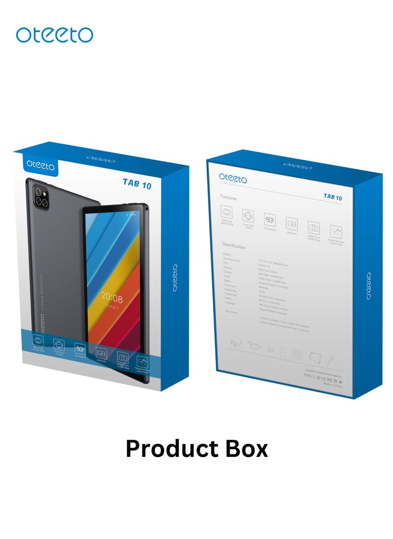 Oteeto - TAB 10 Tablet/8GB RAM + 256 GB ROM/Quad Core 2.0 GHz/5G Network/8000 mAh/8MP Front + 13 MP Rear Camera/Android 13/10.1 Inches IPS LCD/Includes Flip Cover Case,Keyboard,Touch Pen,Tempered Glass,OTG - Image 1