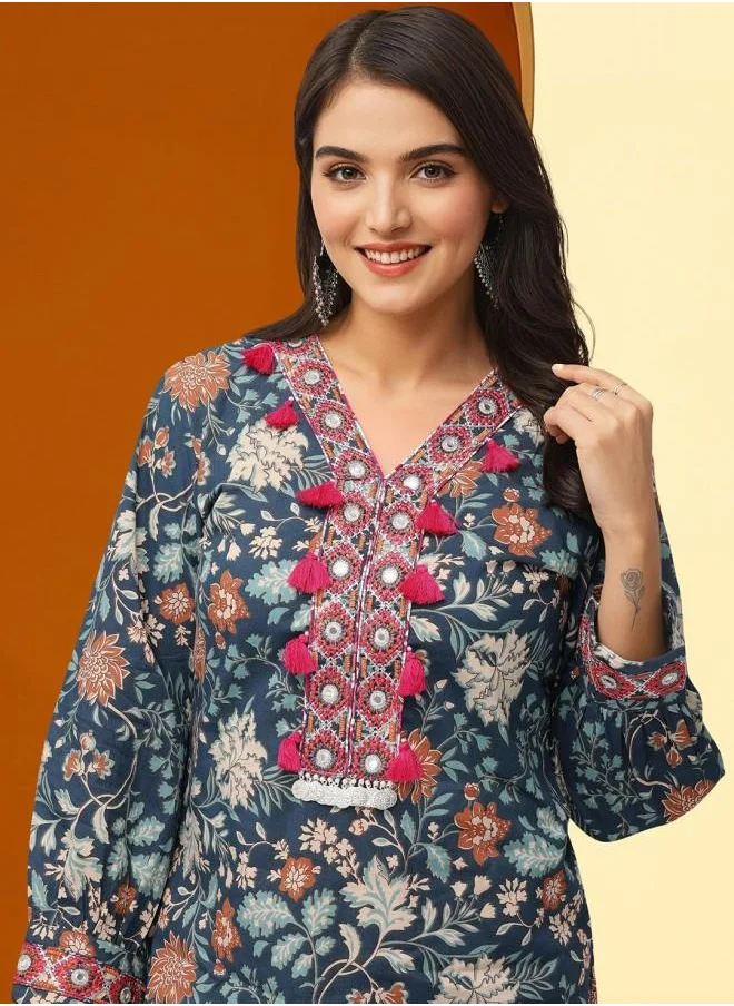 ISHIN Mid Rise Women Navy Cotton Kurta Set with Embroidered pattern Tunic and Palazzo features a Round neckline and Three-Fourth Sleeve secured with Elastic closure and styled in Straight Fit ideal for Festive moments — a must-have for your statement wardrobe.