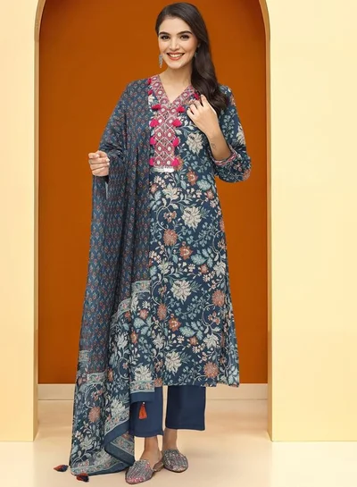 ISHIN Women's Navy 100% Cotton Embroidered Tunic Full Length Palazzo Straight Fit Kurta Set