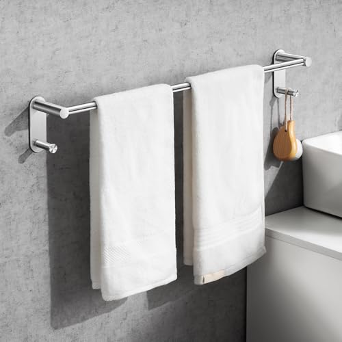Josmimic 24 Inch Adhesive Towel Bar Stainless Steel Stick on Towel Rack for Bathroom No Drilling Towel Holder with 2 Hooks Brushed Nickel - Image 1