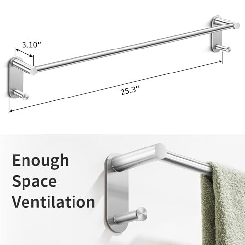 Josmimic 24 Inch Adhesive Towel Bar Stainless Steel Stick on Towel Rack for Bathroom No Drilling Towel Holder with 2 Hooks Brushed Nickel - Image 3