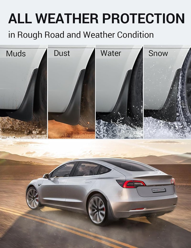 Basenor 2017-2023 Tesla Model 3 Mud Flaps Splash Guards Fenders No Drilling No Tape Mudflaps All Weather Protector Mudguards for Model 3 Exterior Accessories (Set of 4) - Image 4