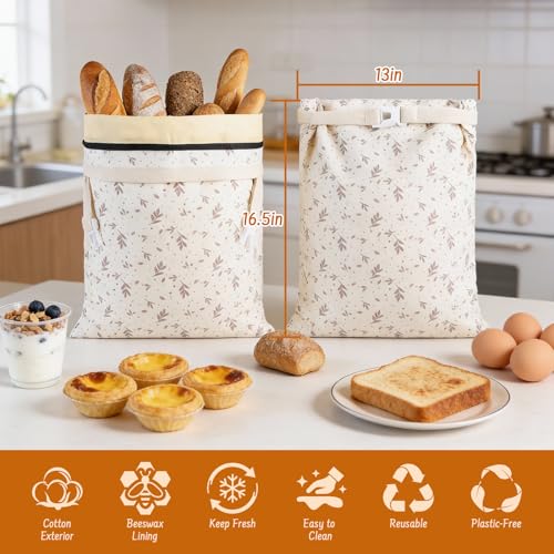 Lemoobolsa 2-Pack Reusable Beeswax Bread Bags for Sourdough & HomemadeBread with Zipper, 16.5 x 13 inch bread bags for Food Storage - Image 2