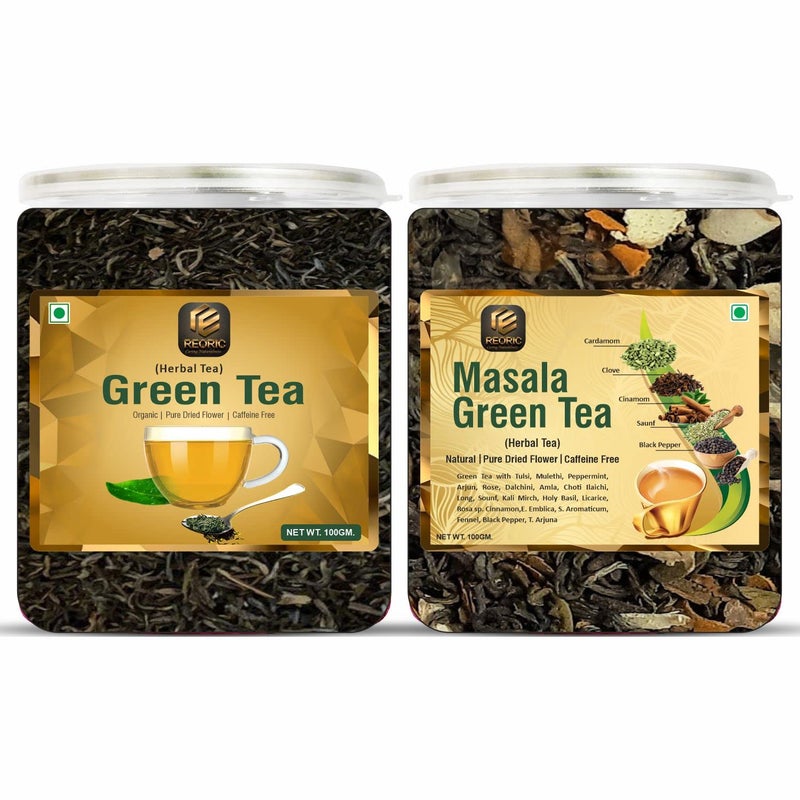 REORIC Combo Pack of Organic Masala Green Tea - 100g and Green Tea - 100g | Blended with Green Tea & Ayurvedic Herbs | Herbal Green Tea Leaves| Boost immunity - Image 1