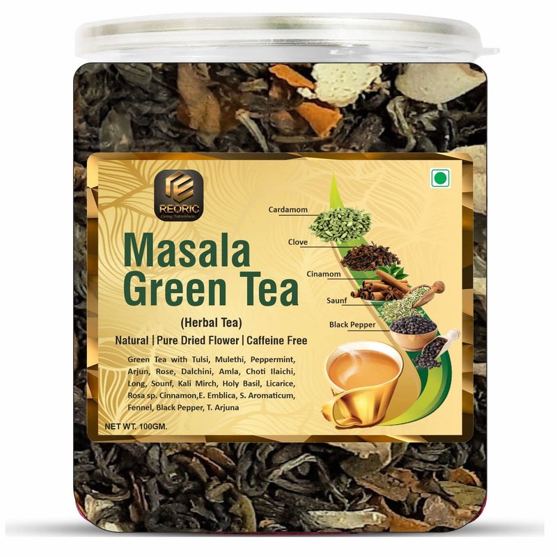 REORIC Combo Pack of Organic Masala Green Tea - 100g and Green Tea - 100g | Blended with Green Tea & Ayurvedic Herbs | Herbal Green Tea Leaves| Boost immunity - Image 4