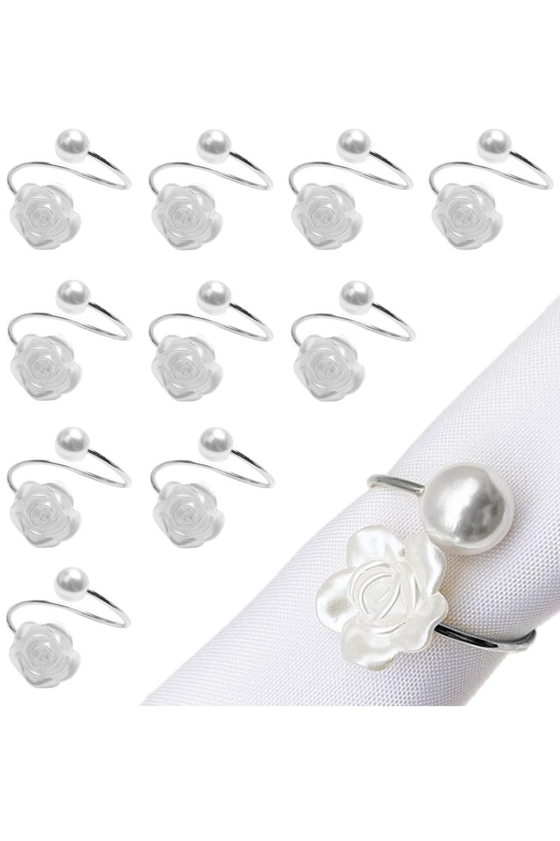 10 Pcs Napkin Rings,White Rose Pearl Dining Table Napkin Ring Holder,Vintage Paper Towel Rings for Valentine's Day Wedding Banquet Home Table Decorations  - Image 1