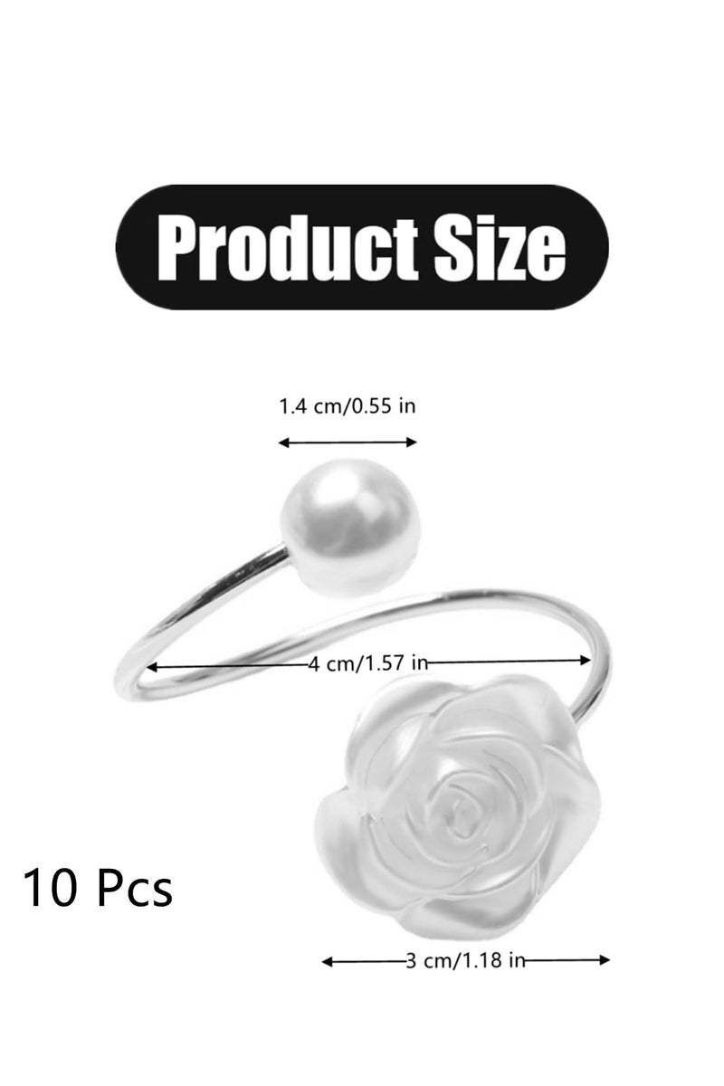 10 Pcs Napkin Rings,White Rose Pearl Dining Table Napkin Ring Holder,Vintage Paper Towel Rings for Valentine's Day Wedding Banquet Home Table Decorations  - Image 2