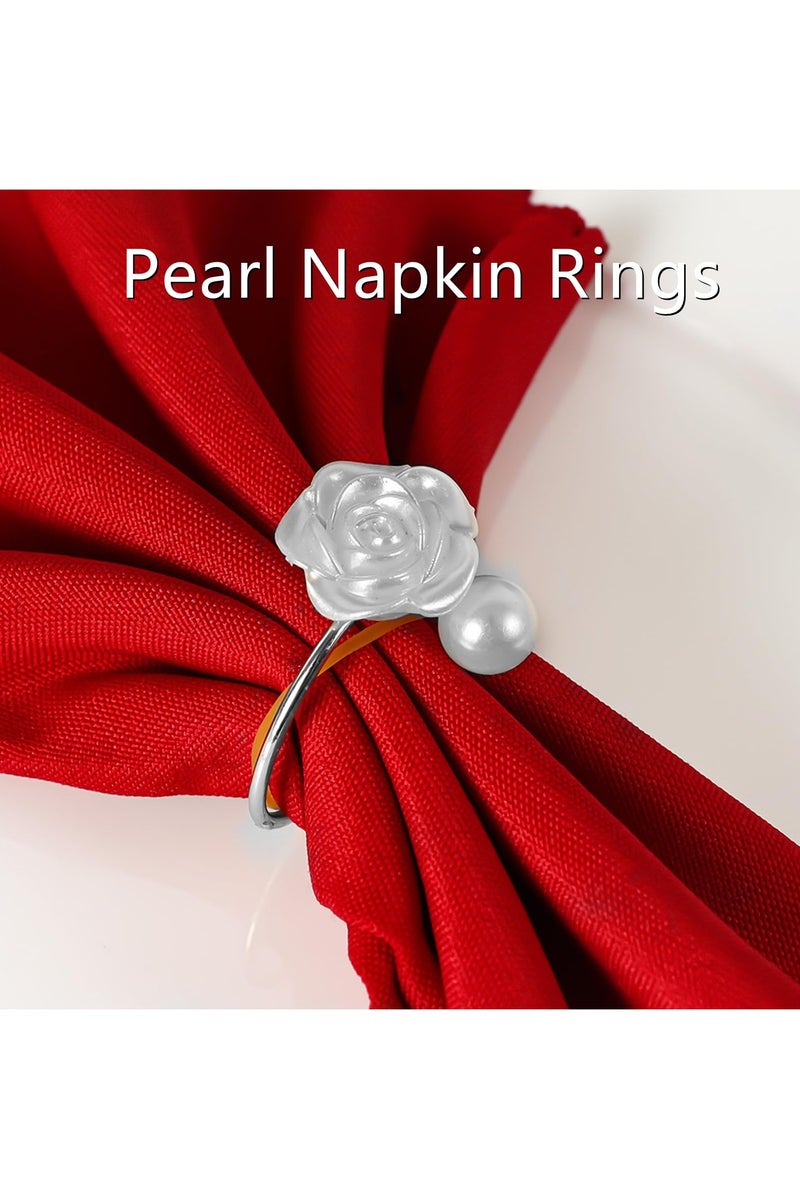 10 Pcs Napkin Rings,White Rose Pearl Dining Table Napkin Ring Holder,Vintage Paper Towel Rings for Valentine's Day Wedding Banquet Home Table Decorations  - Image 4