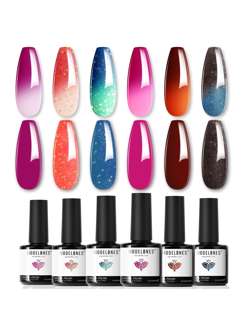 modelones - modelones Color Changing Gel Nail Polish Set 6 Colors, Sheer Pink Glitter Temperature Mood Changing Blue Green Orange Gel Polish Soak Off Nail Art Design Kit Manicure Salon DIY Gift - Image 1