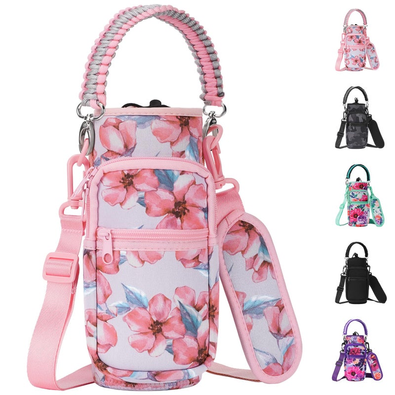 AceTreker 40 oz Neoprene Water Bottle Holder with Strap for Insulated Metal Hydro Jug Water Bottles, Sleeve Carrier Bag for Camping Trip-Pink Flowers - Image 1