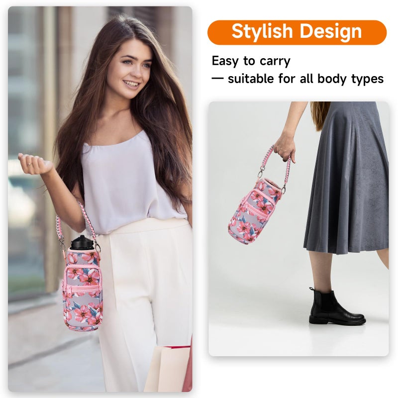 AceTreker 40 oz Neoprene Water Bottle Holder with Strap for Insulated Metal Hydro Jug Water Bottles, Sleeve Carrier Bag for Camping Trip-Pink Flowers - Image 3