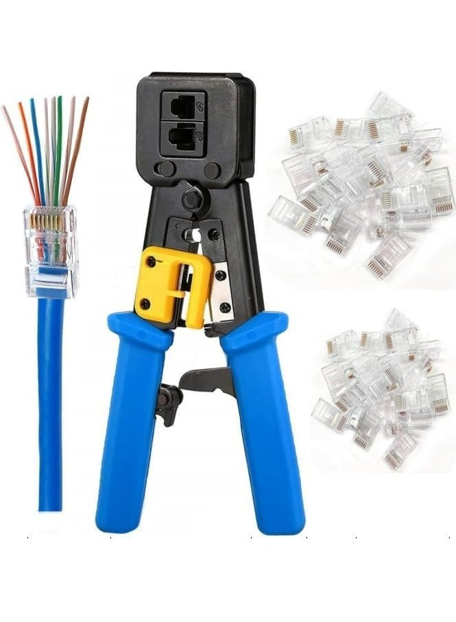 RJ45 Crimping Tool Ethernet Crimper for Cat6 Cat5 Cat5e RJ45 Pass Through Connectors and RJ12 Ends Comes with 50PCS RJ45 Cat6 Connectors