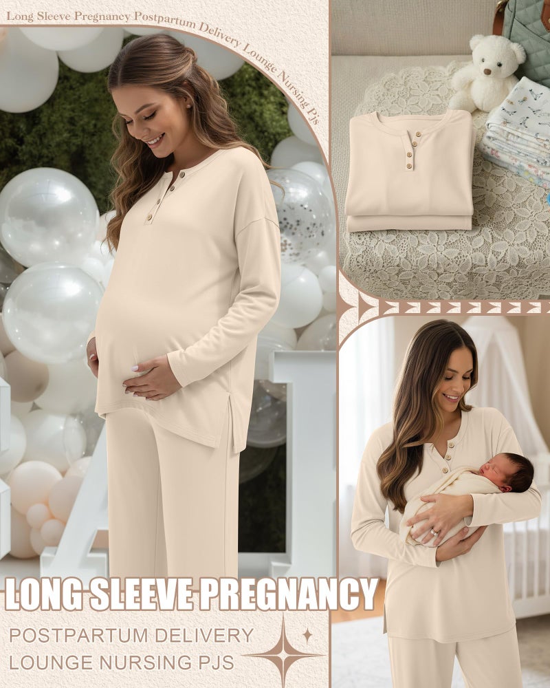 Yearntown Women's Maternity Pajamas Sets, Long Sleeve Pregnancy Postpartum Delivery Lounge Nursing Pjs with Pockets(Apricot,Medium) - Image 2